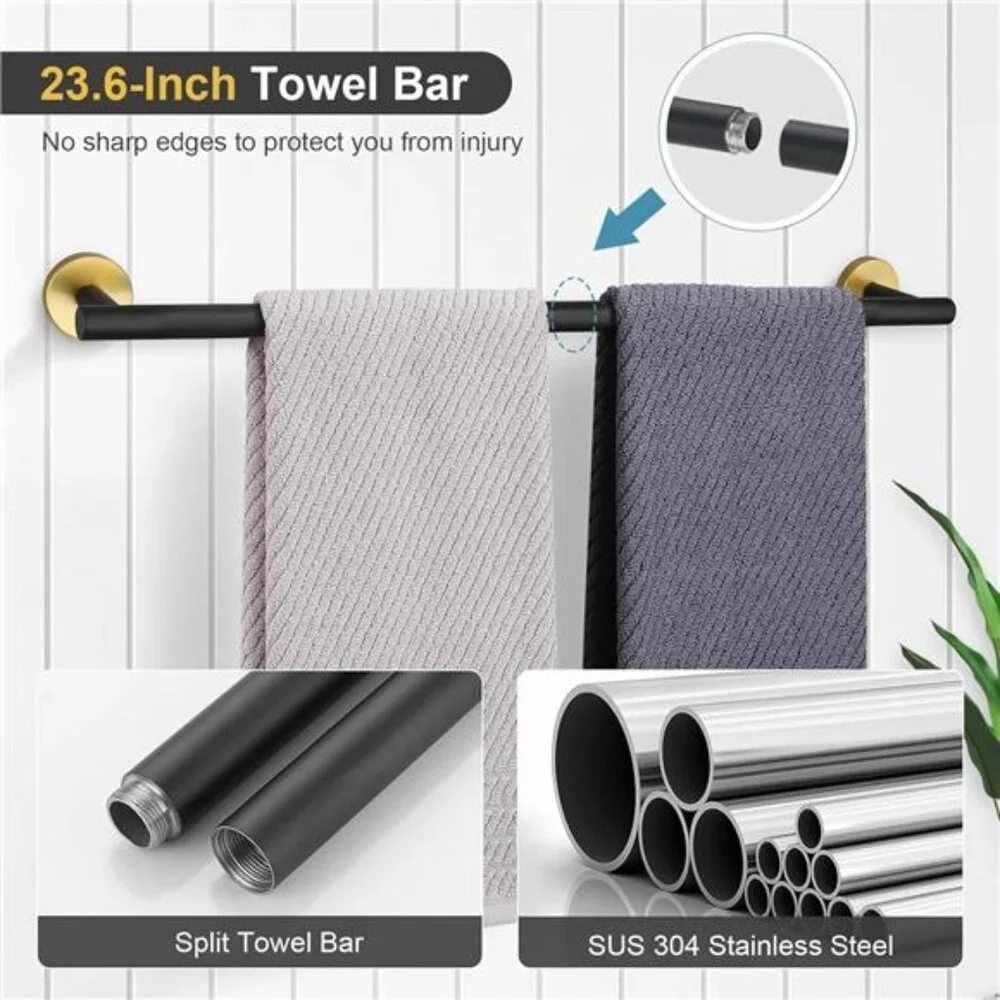 Black Gold Bathroom Accessory Set 5 Pieces Towel Bar Toilet Paper Holder Hooks